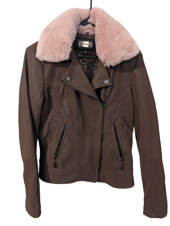 joujou Jackets & Blazers - Joujou,Brown Moto Jacket with Pink Faux Fur Collar, Size M